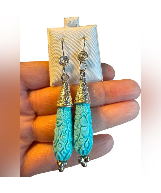 Lovely ornate Blue resin carved dangle earrings