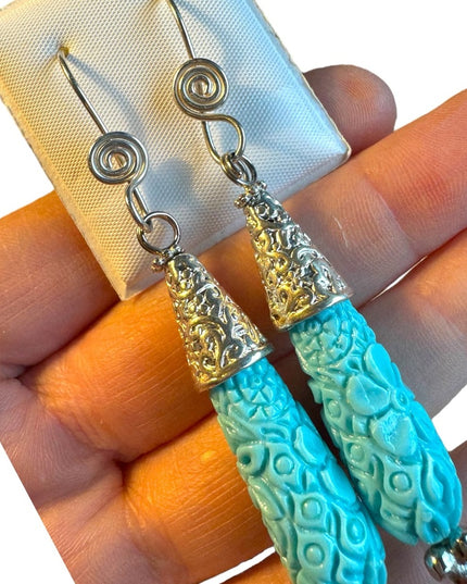 Lovely ornate Blue resin carved dangle earrings