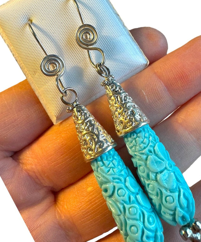 Lovely ornate Blue resin carved dangle earrings