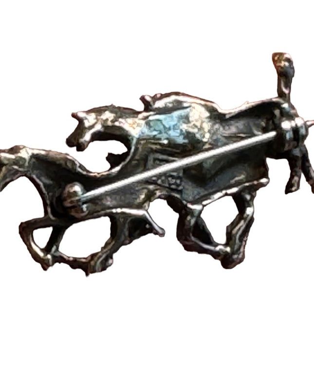 Vintage sterling silver Mexico Racing horses brooch 39mm