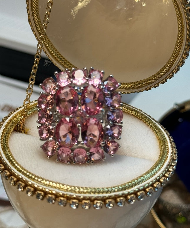 Large pink ice sterling rhodium plt Sz 6.75
