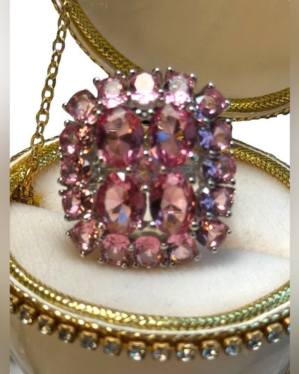 Large pink ice sterling rhodium plt Sz 6.75