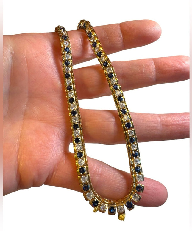 Stunning Sterling silver 925 gold plt sapphire CZ tennis necklace 17”