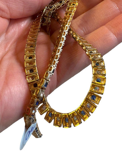 Stunning Sterling silver 925 gold plt sapphire CZ tennis necklace 17”