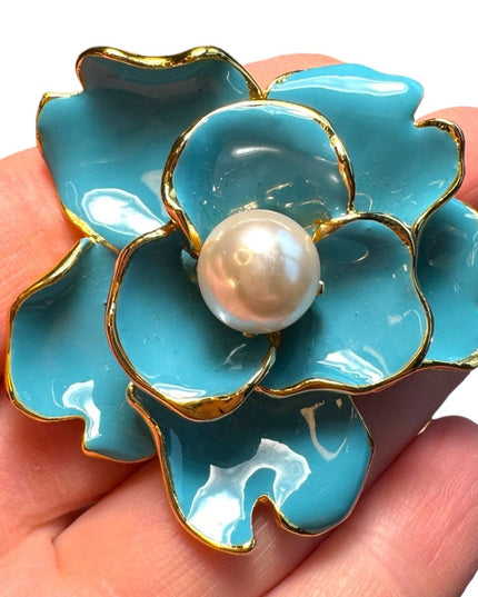 Stunning Ivana Blue enamel larg flower brooch /pendant  2”