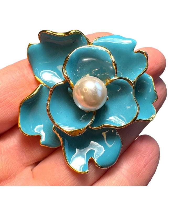 Stunning Ivana Blue enamel larg flower brooch /pendant  2”
