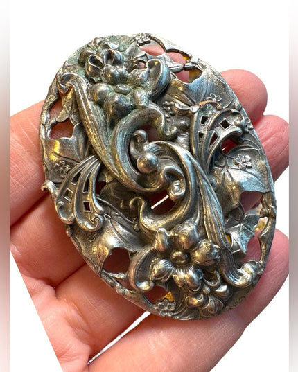 Large 3” Antique flower ornate Victorian brooch Sash