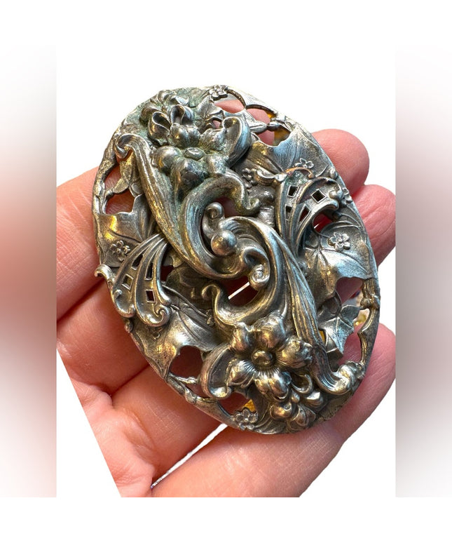 Large 3” Antique flower ornate Victorian brooch Sash