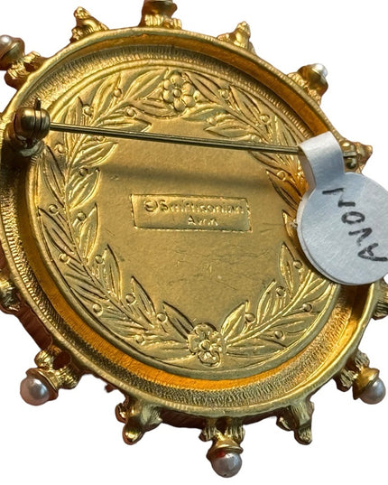 Smithsonian Cameo Brooch Pin by Avon Gold-tone Faux Pearls 2.2”