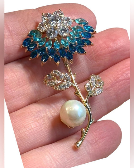 Australian Crystal blue flower gold finish brooch pendant 2.5”