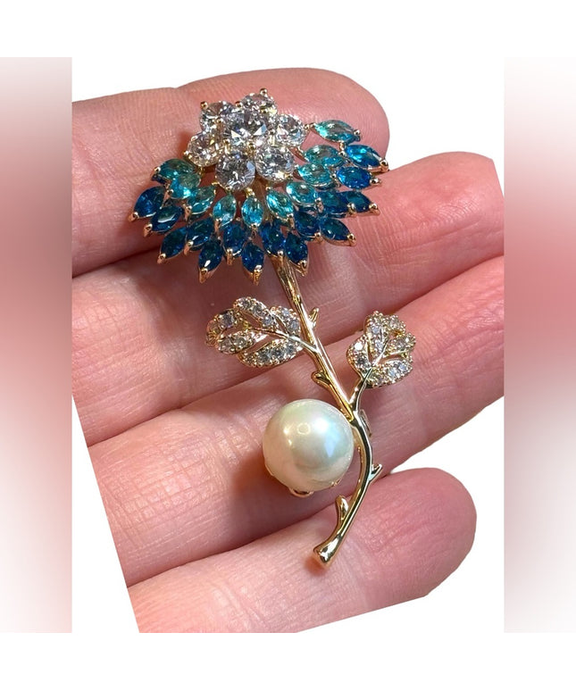 Australian Crystal blue flower gold finish brooch pendant 2.5”