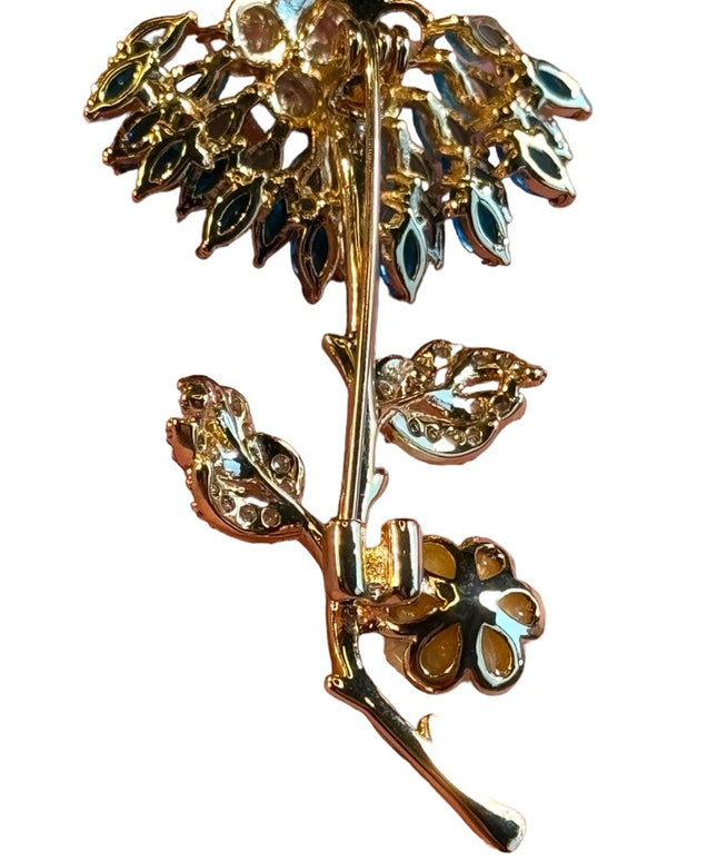 Australian Crystal blue flower gold finish brooch pendant 2.5”