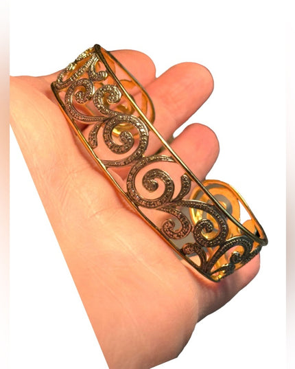 Vintage ornate scrolled STERLING gold plt cuff bracelet 3”