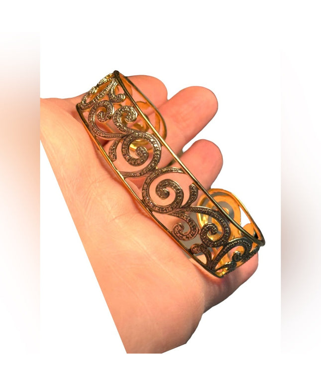 Vintage ornate scrolled STERLING gold plt cuff bracelet 3”