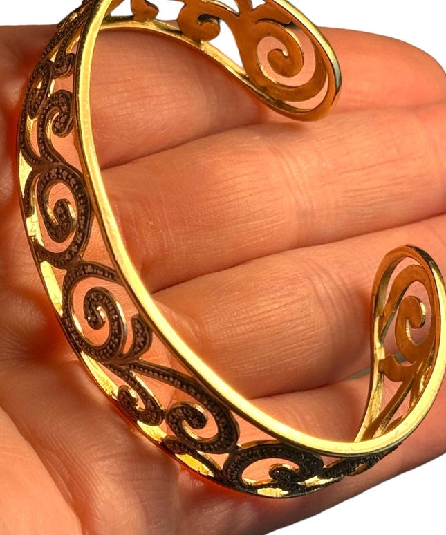 Vintage ornate scrolled STERLING gold plt cuff bracelet 3”