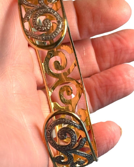 Vintage ornate scrolled STERLING gold plt cuff bracelet 3”