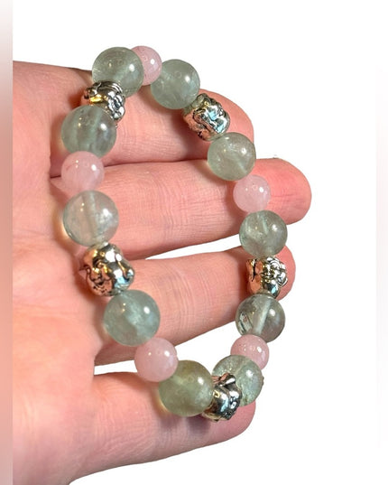 Green fluorite rose quartz Buddah Stretch bracelet 6-7”