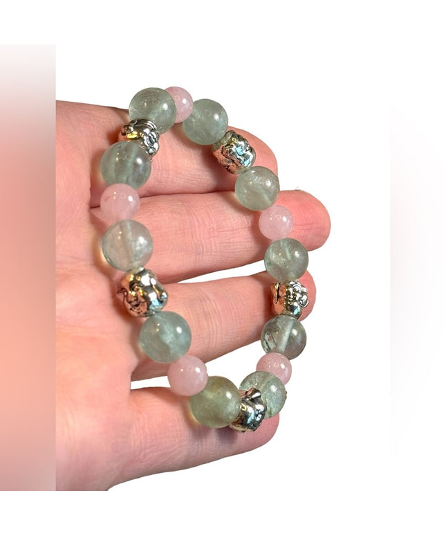 Green fluorite rose quartz Buddah Stretch bracelet 6-7”
