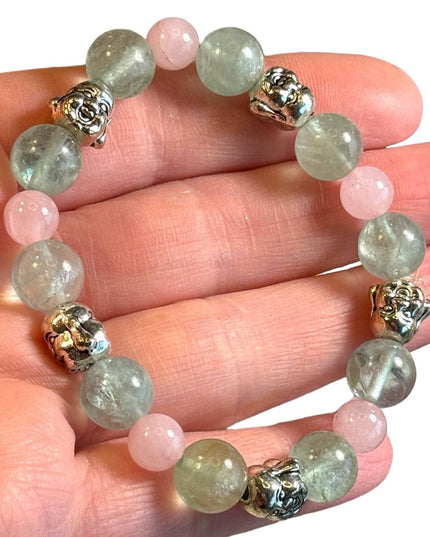Green fluorite rose quartz Buddah Stretch bracelet 6-7”