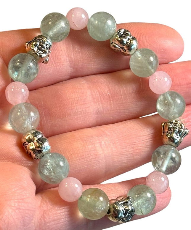 Green fluorite rose quartz Buddah Stretch bracelet 6-7”