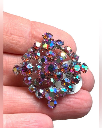 Pink AB AUSTRALIAN crystal Stamped Silver finish brooch