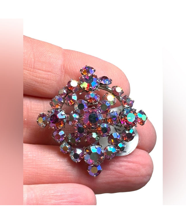 Pink AB AUSTRALIAN crystal Stamped Silver finish brooch