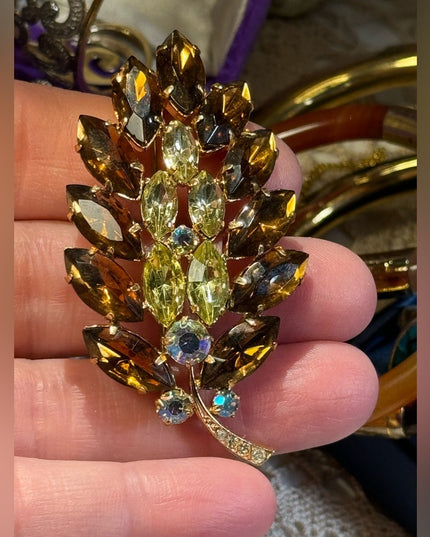 Vintage Large Amber leaf brooch 3”  1960s
