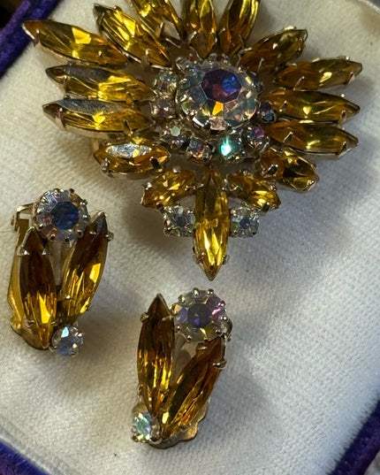 Vintage  Yellow Amber crystal SET Brooch & Earrings clip 2”