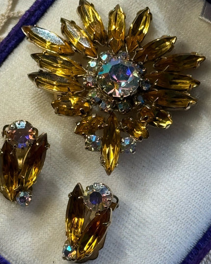 Vintage  Yellow Amber crystal SET Brooch & Earrings clip 2”