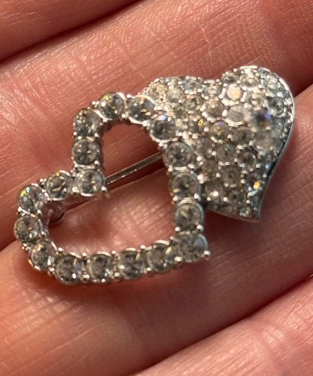 Swarovski retired hearts brooch 1.3” with bag silver finish
