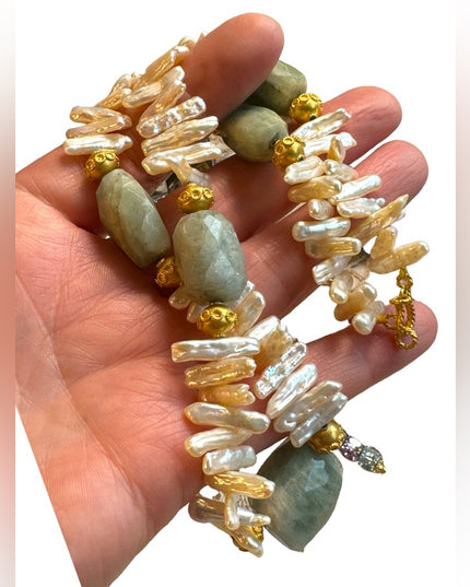 Amazonite & BIWA pearls gold plt Imported necklace 16”