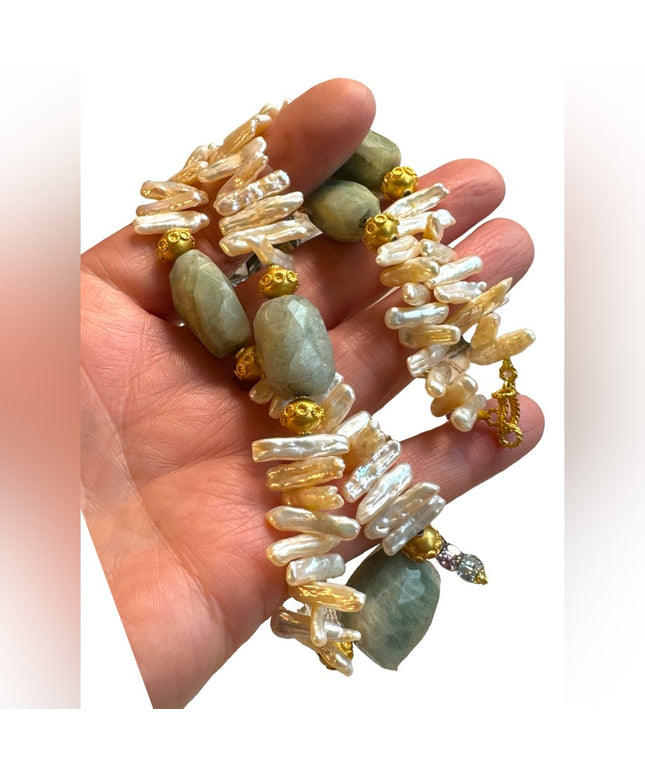 Amazonite & BIWA pearls gold plt Imported necklace 16”