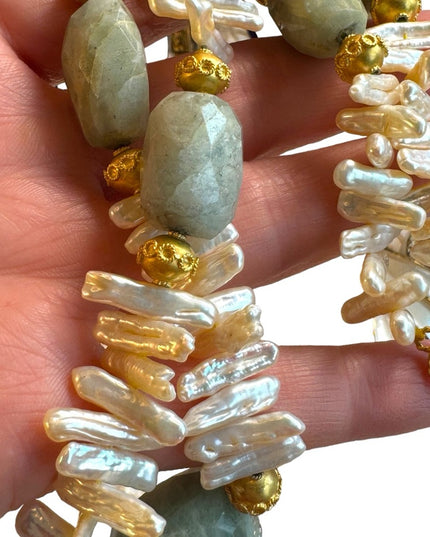 Amazonite & BIWA pearls gold plt Imported necklace 16”