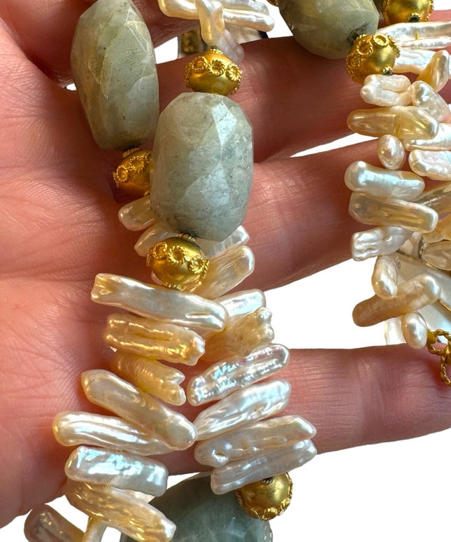 Amazonite & BIWA pearls gold plt Imported necklace 16”