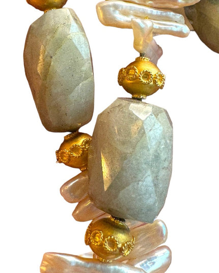 Amazonite & BIWA pearls gold plt Imported necklace 16”