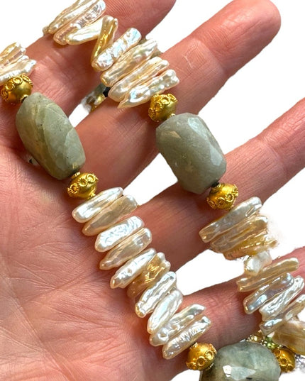 Amazonite & BIWA pearls gold plt Imported necklace 16”