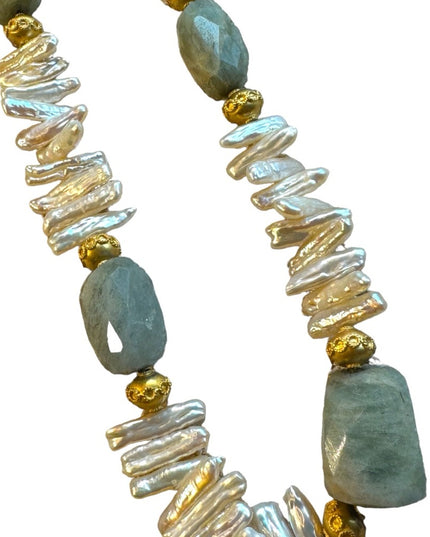 Amazonite & BIWA pearls gold plt Imported necklace 16”