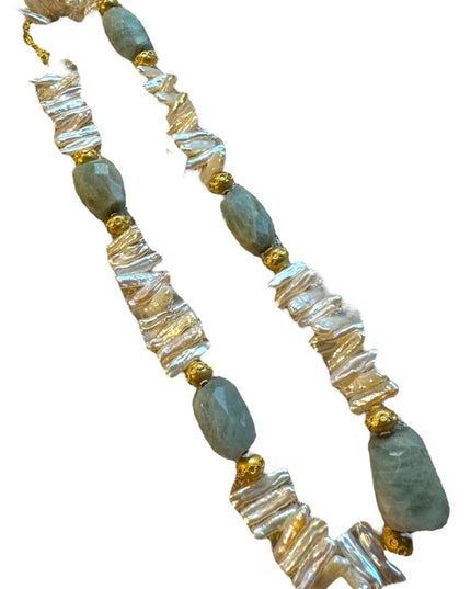 Amazonite & BIWA pearls gold plt Imported necklace 16”