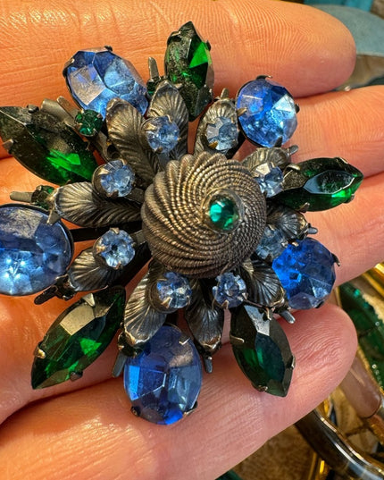 Antique Blue & Green crystal brooch 2” Aged 100 yr +