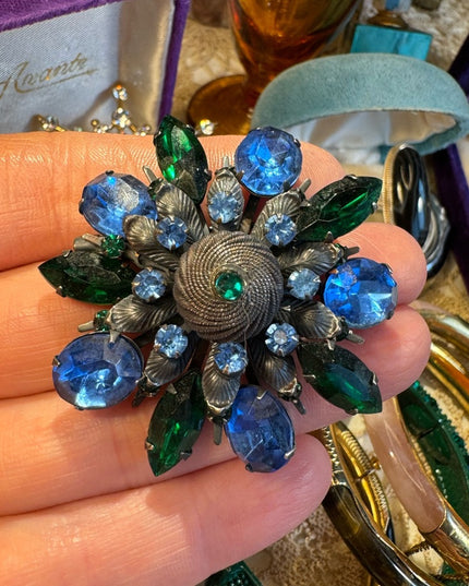 Antique Blue & Green crystal brooch 2” Aged 100 yr +