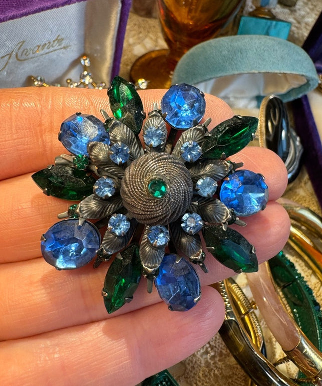Antique Blue & Green crystal brooch 2” Aged 100 yr +