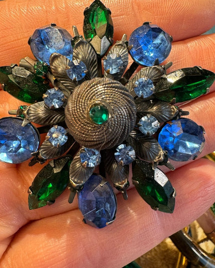 Antique Blue & Green crystal brooch 2” Aged 100 yr +