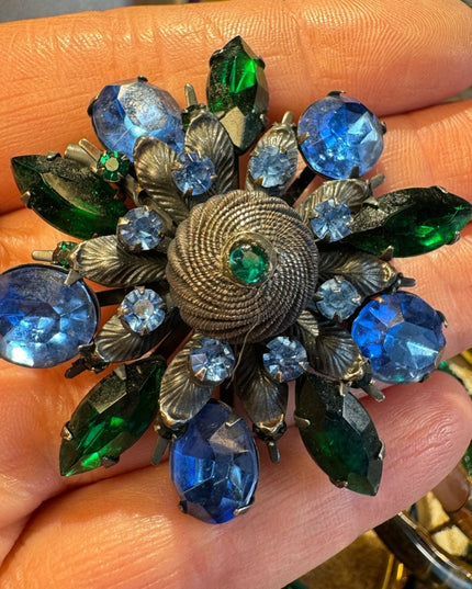 Antique Blue & Green crystal brooch 2” Aged 100 yr +