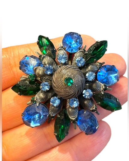 Antique Blue & Green crystal brooch 2” Aged 100 yr +