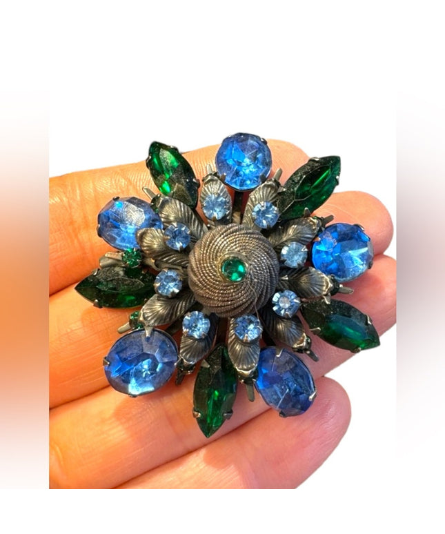Antique Blue & Green crystal brooch 2” Aged 100 yr +