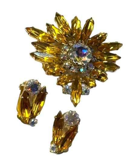 Vintage  Yellow Amber crystal SET Brooch & Earrings clip 2”