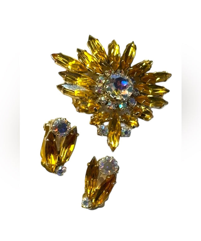 Vintage  Yellow Amber crystal SET Brooch & Earrings clip 2”