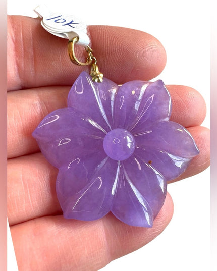 Lovely Purple lilac Jade 10k GOLD Flower pendent 2”