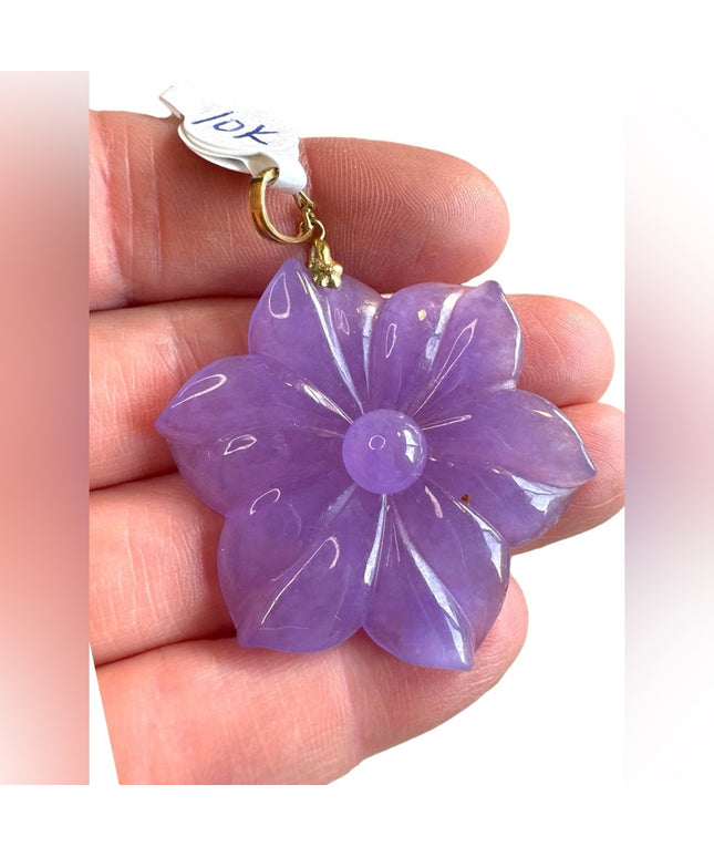 Lovely Purple lilac Jade 10k GOLD Flower pendent 2”