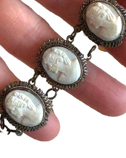 Stunning Antique 7” 800 Silver carved ahell CAMEO bracelet